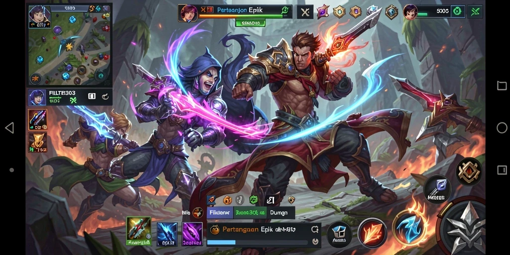 Screenshot menunjukkan aksi seru pertempuran tim dalam FILTER303 MOBA.