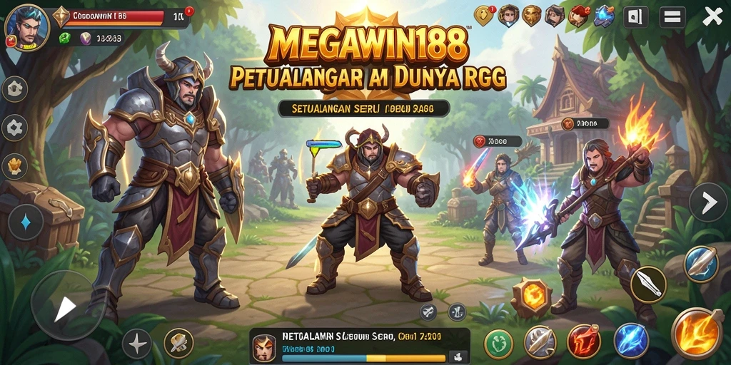 Screenshot gameplay MEGAWIN188 menampilkan aksi pertarungan karakter RPG yang seru.