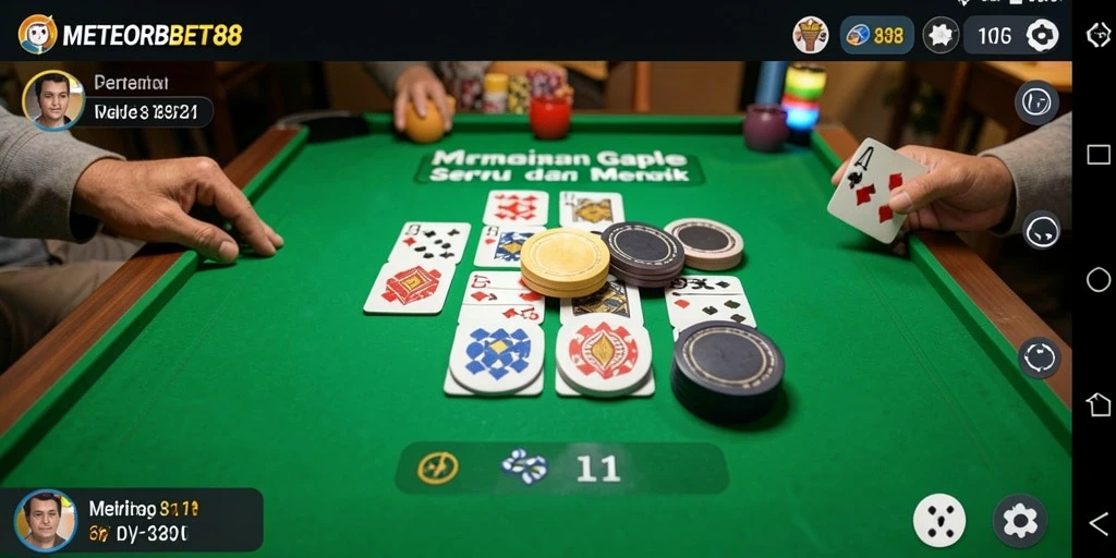 Screenshot gameplay METEORBET88 menunjukkan keseruan bermain Gaple dengan teman.