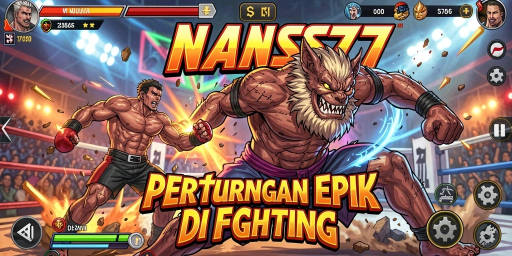 Tangkapan layar permainan NANAS777 menunjukkan pertarungan yang mendebarkan dalam arena yang megah.