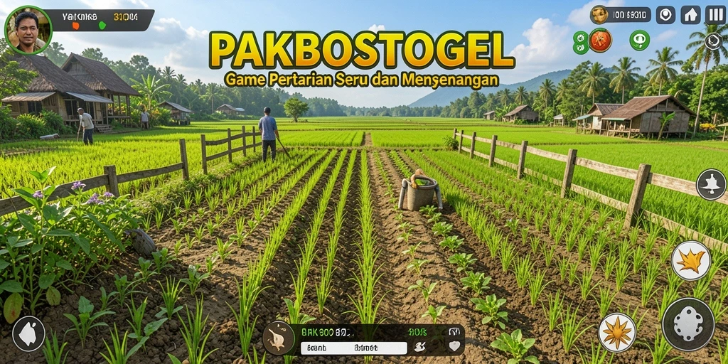 Screenshot gameplay PAKBOSTOGEL menampilkan petani yang sedang merawat kebun.