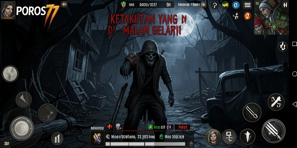 Screenshot gameplay POROS77 menampilkan suasana gelap dan menghantui.