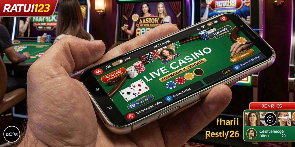 Screenshot gameplay dari RATU123 menampilkan dealer profesional dan suasana kasino yang hidup.
