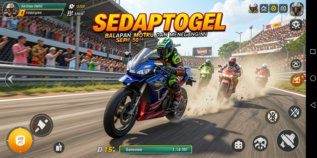 Screenshot SEDAPTOGEL menampilkan aksi balapan motor yang mendebarkan.