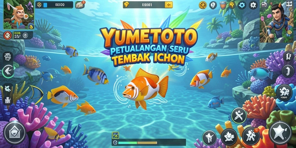 Tangkapan layar utama YUMETOTO menampilkan aksi seru saat berburu ikan.